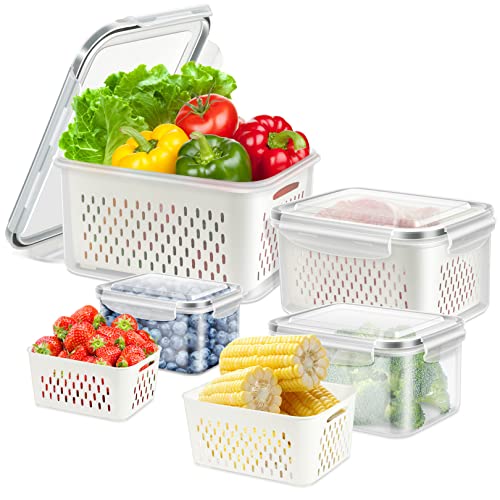 8 Pieces Fruit Storage Container for Fridge with Removable Colander | 4Pack Plastic Fruit Containers for Fridge, Container for Fruit Berry Salad Lettuce, BPA Free Kitchen Refrigerator Organizers - color: 4 Sets/8 Pcs - M