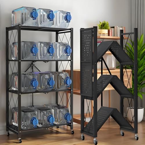 Kitchen Garage Metal Shelves, Storage Shelves Organizer, Foldable Metal Shelving, Closet Shelving Unit, 28" W x 14" D x 50" H Bakers Rack Microwave Stand, Plant Stand with Wheels (4-Tier Shelf) - color: 4-tier Shelf