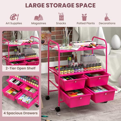 GOFLAME 4-Drawer Rolling Storage Cart with 2 Shelves, Mobile Utility Cart with Removable Drawers and Metal Frame, Art Craft Drawer Cart with Lockable Wheels for Home, Office, School, Studio, Hot Pink - color: Hot Pink