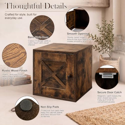15" H x 15" W x 11.75" D Stackable Cube Storage Organizer with Door, Brown Modular Cubby Storage Bin with Non-Slip Pads, Wooden Cube Bookshelf Shelf for Bedroom, Living Room, Kitchen and Office