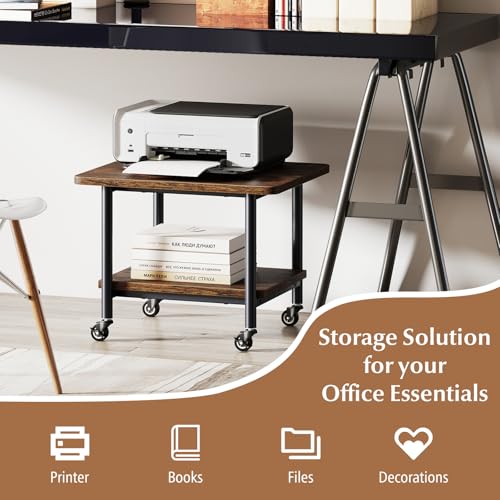 GOFLAME Under Desk Printer Stand, 2-Tier Industrial Mobile Printer Table with Storage Shelf, Metal Frame, Rolling Printer Cart Holder Storage Rack with Lockable Wheels for Home Office, Brown - color: Brown