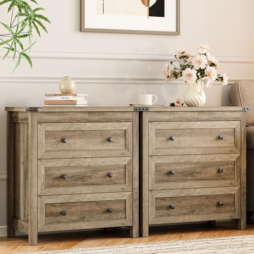 Xixini Farmhouse Nightstand with 3 Storage Drawers, 27.55" Wide Wood Bedside Table, Modern Side Table with Metal Handle, End Table for Bedroom, Grey - color: Grey