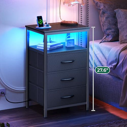 Huuger Night Stand with Charger Station and LED Lights, 3 Drawer Nightstand, Bed Side Table with Open Shelf, End Table, Tall Fabric Dresser for Bedroom, Black - color: Black, size: 11.8"D x 15.7"W x 27.6"H（3 Drawers）