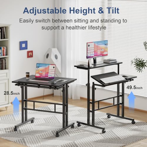 VECELO Mobile Small Standing Desk Adjustable Height, Computer Workstations with Tiltable Tabletop, Lockable Wheels, Portable Rolling Laptop Desk for Home Office, Black - color: Black