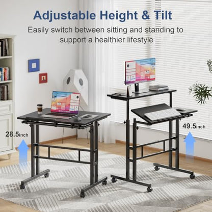 VECELO Mobile Small Standing Desk Adjustable Height, Computer Workstations with Tiltable Tabletop, Lockable Wheels, Portable Rolling Laptop Desk for Home Office, Black - color: Black