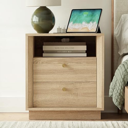 FORTUNETEC Nightstand with Charging Station, Mid Century Modern Nightstand with Wood Grain Texture, Boho End Table with Drawers Storage, Bedside Table for Bedroom Living Room Office, White Oak - color: White Oak, style: set of 1