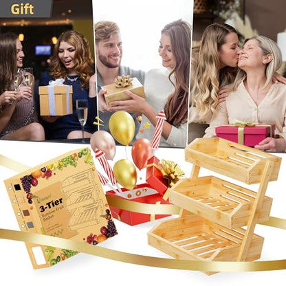 Hellojin Bamboo 3 Tier Fruit Basket for Counter with 2 Banana Hangers | Wooden Tiered Organizer, Protective Mats, Large Capacity, Versatile Holder for Bread, Snacks, Veggies, Onion and Potato - color: Bamboo-3 tier