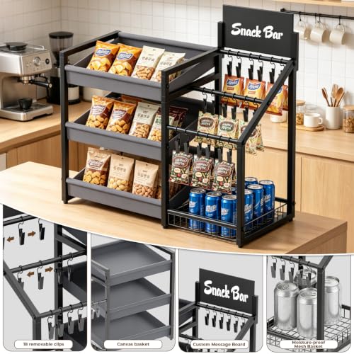 3-Tier Snack Organizer with 18 Clips, Large Capacity Snack Rack | Snack Cart for Kitchen Office Store Party Countertop, Matte Black Metal & Oxford Fabric Snack Storage, Message Board
