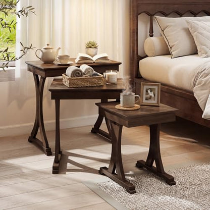 Giantex Nesting Coffee Table Set-of-3 - Stackable Rectangular Sofa End Side Table w/Solid Rubber Wood Legs, Vintage Farmhouse Night Stand for Bedroom Living Room Home Office Small Spaces