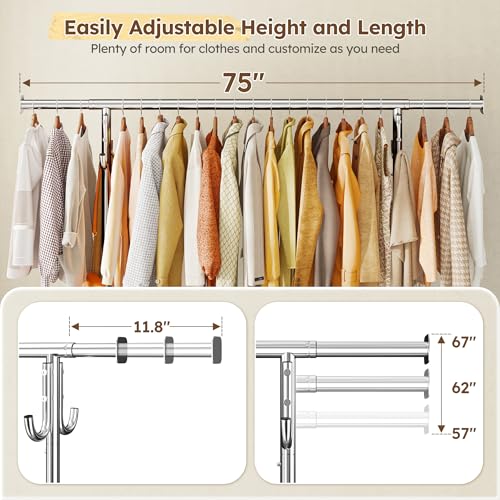 Raybee 75"Wide Clothes Rack with 4 Extra Hooks Sturdy Rolling Clothing Rack | 450LBS Capacity, Stainless Steel, Extendable Hanging Rod, 360° Lockable Wheels, Height Adjustable, 15-Min Tool-free Assembly - color: Chrome, style: Rod Shelf