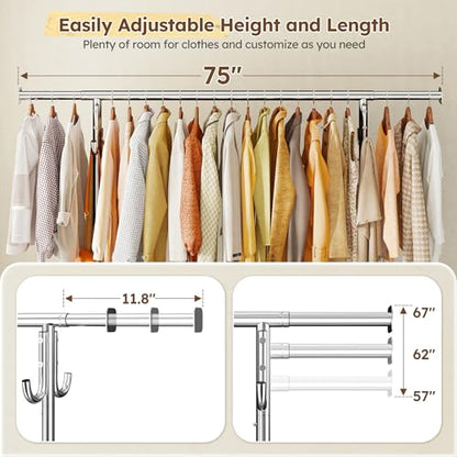 Raybee 75"Wide Clothes Rack with 4 Extra Hooks Sturdy Rolling Clothing Rack | 450LBS Capacity, Stainless Steel, Extendable Hanging Rod, 360° Lockable Wheels, Height Adjustable, 15-Min Tool-free Assembly - color: Chrome, style: Rod Shelf