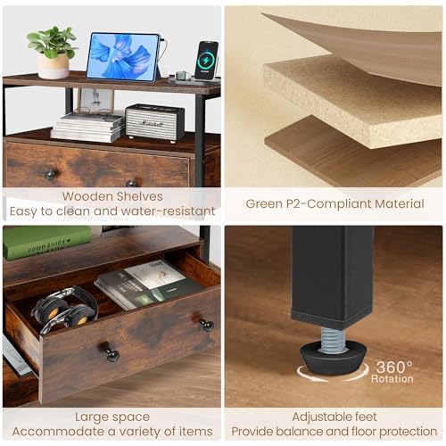 Edbuosy 27 Inch Wide Night Stand with Charging Station, Wood Nightstand with Open Shelf, Large Drawer Bedside Table for Living Room/Bedroom/Office, Retro Brown - color: Retro Brown, size: 27"W-1 Drawer
