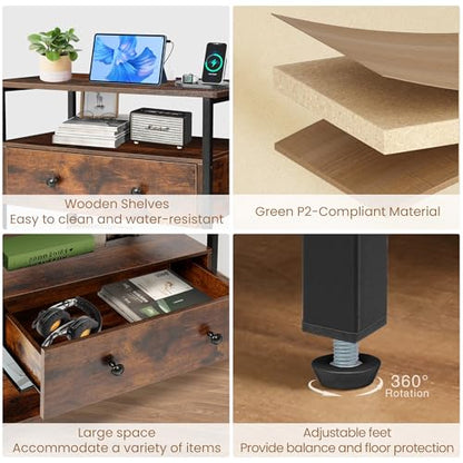 Edbuosy 27 Inch Wide Night Stand with Charging Station, Wood Nightstand with Open Shelf, Large Drawer Bedside Table for Living Room/Bedroom/Office, Retro Brown - color: Retro Brown, size: 27"W-1 Drawer