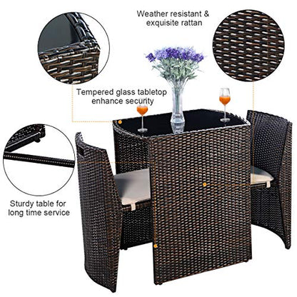 Giantex 3 PCS Cushioned Outdoor Wicker Patio Set Convention Bistro Set Garden Lawn Space Saving Conversation Sofa Furniture No Assembly (Brown) - color: Brown
