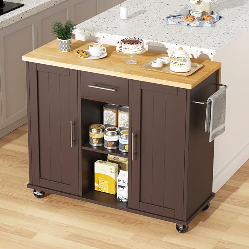 JY QAQA 42" Kitchen Island with Storage on Wheels, Rolling Table with Drop Leaf, Drawers, Cart Handle for Towel Rack or Free Movement, Brown - color: Brown