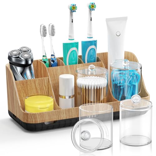GFWARE Bathroom Toothbrush Holder Set with 2 Pack Qtip Holder Dispenser - 7 Slots Kids Bathroom Accessory Sets with Drainage, Q Tip Holder for Bathroom Sink Counter Accessories Set - color: Wood Sets