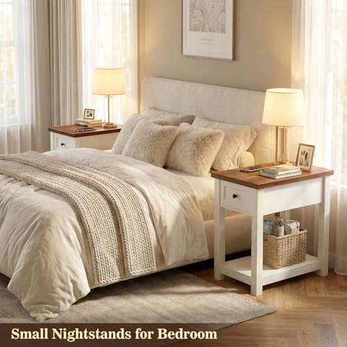 Narrow End Table Set of 2 with Charging Station - Farmhouse Side Tables with Drawer, 14" Wood Nightstands Set of 2 for Bedroom Living Room, Slim Couch Bedside Table Small Spaces, Antique White & Brown - color: Antique White & Brown, size: 2 Pack