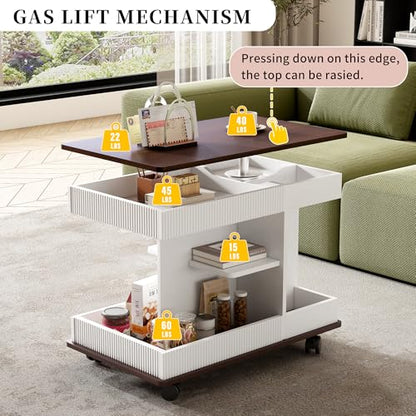 Merax Adjustable End Table with Wheels, Modern Multifunctional Sofa Side Table with Lift-Top, 360°Rotating Top and Storage Space for Living Room, Small Space, Brown+White - color: Brown+white