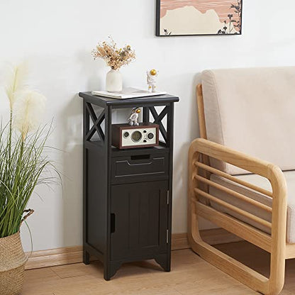 Assembled 30in Height Nightstand, Pre- Assembled Bathroom Floor Cabinet with Shelf and Storage Drawer, Black Tall End Table No Assembly Chest for Living Room Bedroom - color: Black
