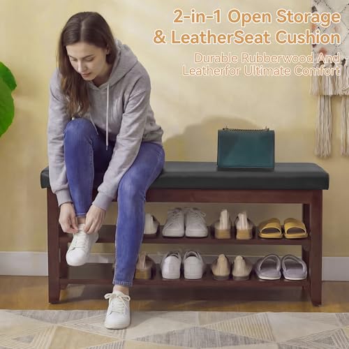 40" Faux Leather Shoe Storage Bench Entryway, Upholstered Bench with Leather Cushion, Solid Wooden 2 Tier Rack Shoe Organizer for Entry Way, Bedroom, Living Room, Black - color: Black