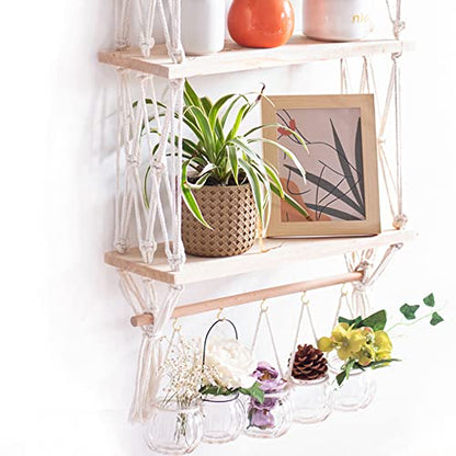 TENEWEE Macrame Floating Hanging Wall Shelf Boho Decor with Hooks | Handmade Cotton, Large Storage, Plant & Book Display, Bedroom, Living Room, Bath, Kitchen, Dorm, Vanity, Entryway - size: 3tier shelves