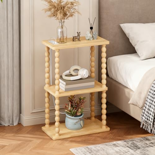 ELYKEN Narrow Side Table with Charging Station, 3-Tier Skinny Bedside Table | Small End Tables Living Room with USB Port and Outlet, Nightstands with Storage Shelf for Bedroom - color: Natural