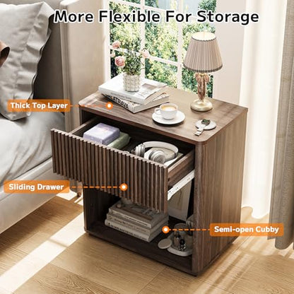 Modern Fluted Nightstand Set of 2 for Bedroom, Mid Century Bedside Table with Drawer & Open Shelf, Wood End Table, Farmhouse Night Stand for Home, Hallway, Office, Walnut - color: Walnut