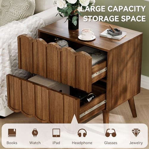 Modern Fluted Nightstand for Bedroom, Walnut Wood Bedside Table | Wood End Side Table with Arch Curved Design, Night Stand with 2 Drawer - color: Brown, size: 1 Pack
