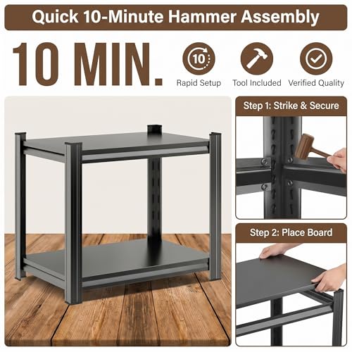 2 Tier Metal Bookshelf, Adjustable Tall Bookcase, Heavy Duty 1200 LBS Modern Deep Book Shelf, Bolt-Free Storage Shelves for Living Room, Home Office, Garage, 15.7" W x 15.7" D x 22.0" H - size: 2 Tier-15.7"W x 15.7"D x 22.0"H