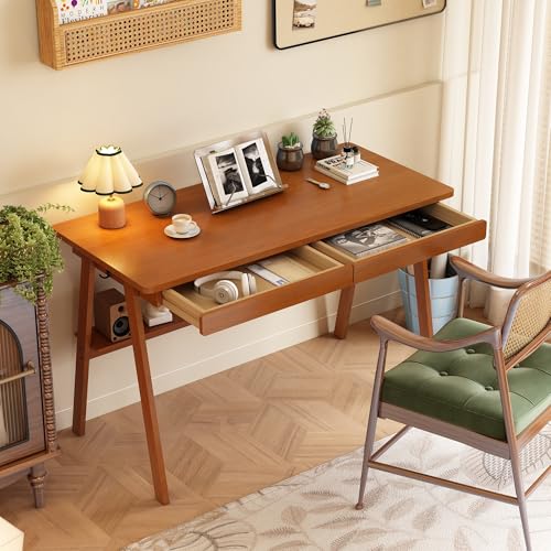 Solid Wooden Desk with Drawers - 47.2 Inch Mid Century Modern Desks, Writing Desk with Drawers & Storage Shelf, Home Office Computer Desks for Bedroom & Home, Walnut Color - color: Walnut, size: 47.2 in W x 21.7 in D