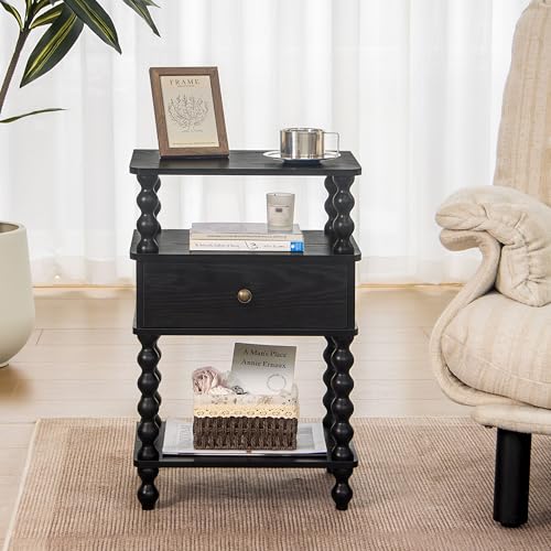 AWASEN Black Nightstand, Bed Side Table Bedroom with Drawer, 3-Tier Small Night Stand End Table with Storage for Small Spaces &Solid Wood Spindle Legs, Black - color: Black