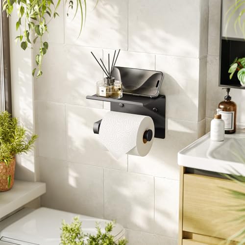 Tindbea Toilet Paper Holder with Phone Shelf, Adhesive or Screw Wall Mount Toilet Tissue Roll Holder, Rustproof & Multifunctional Stainless Steel Bathroom Storage Dispenser (Matte Black) | Heavy Duty Stainless Steel Matte Black - color: B-matte Black