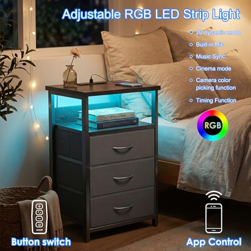 Fixwal Night Stand with 3 Fabric Storage Drawers, LED Nightstand with Charging Station, Bedside Table, Black - color: Black, size: 27.6"H (3 drawers), style: Power+Light (1pc)