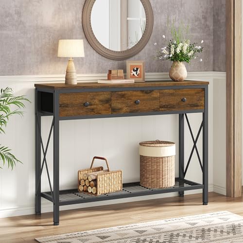 FAVOOSTY Entryway Table, 39.8" Console Table with 3 Fabric Drawers Narrow Console Table with 2-Tier Storage Shelves,Display Shelf for Living Room, Hallway, Entrance, Foyer, Office Rustic Brown