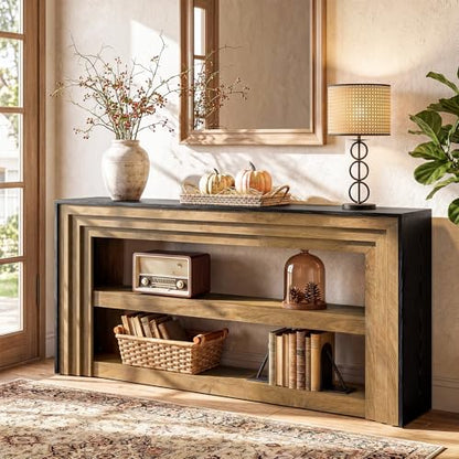 Tribesigns 63" Long Console Table, Farmhouse 3-Tier Entryway Table with Storage, Narrow Wooden Sofa Table Behind Couch, Living Room, Hallway, Foyer, Brown & Black