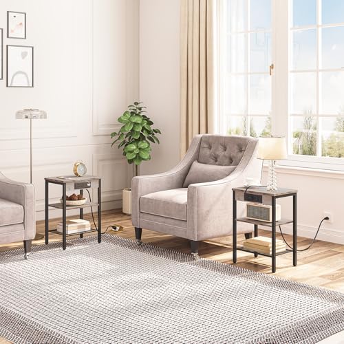 HOOBRO Side Tables Set of 2 with Charging Station and USB Port, Small End Tables for Small Space, 3-Tier Nightstands with Adjustable Shelf, for Living Room, Bedroom, Greige and Black BG112BZP201 - color: Greige + Black