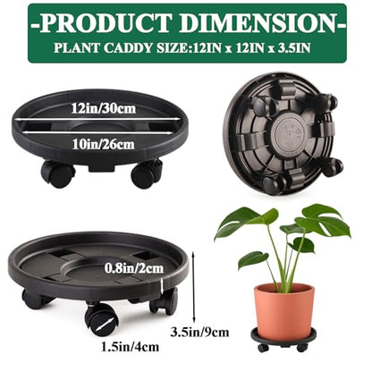 Rolling Plant Stand with Wheels 3 Pack 12 Inch Plant Caddy with Wheels Heavy Duty Plant Dolly Roller Base with Wheels Round Flower Pot Rack Holder Planter Trolley Tray, Black - color: Black, size: 12 inch