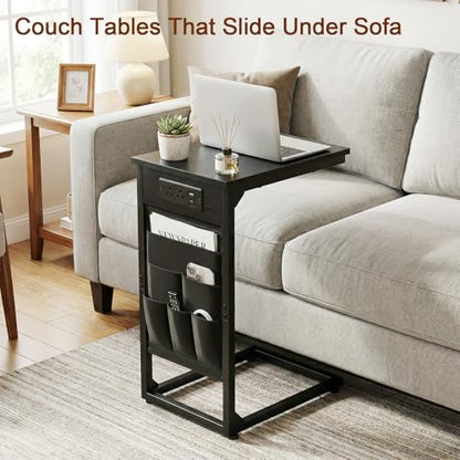 AMHANCIBLE C Shaped End Table with Charging Station, Couch Side Tables that Slide Under Sofa with Storage Bag, Slim TV Tray with USB Ports for Living Room, Bedroom, Black, HET04CBK - color: Black