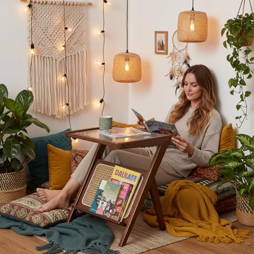 Tiita 2 Pack Rattan Side Table, Mid Century Nightstand, Bamboo Accent Bedside Tables, Glass Coffee Tables, Boho Wooden End Table with Storage for Small Space, Living Room and Bedroom - color: 2 Pack Rattan-s-brown