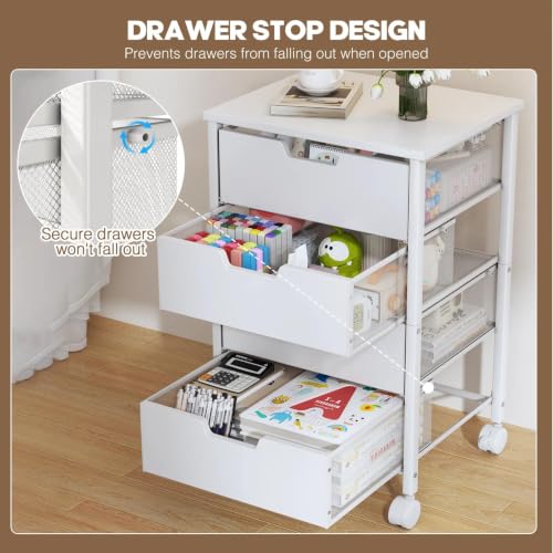 Rolling Cart with Drawers, Wooden Top and Front, with Wheels Metal Under Desk Storage Cart with 4 Drawers, for Office, Bedroom, Classroom, Home, White - color: White