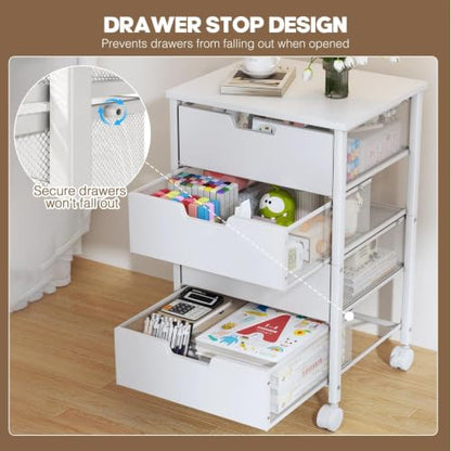 Rolling Cart with Drawers, Wooden Top and Front, with Wheels Metal Under Desk Storage Cart with 4 Drawers, for Office, Bedroom, Classroom, Home, White - color: White