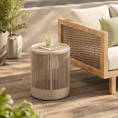IRONORA Outdoor Rattan Rope & Acacia Wood Side Table - Patio Balcony Furniture for Garden, Yard, Balcony - Weather Resistant - color: 15-inches Beige