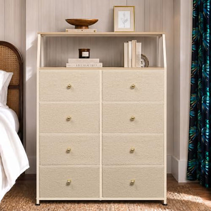 WLIVE Bouclé Dresser for Bedroom, 8 Drawer Fabric Storage Tower Chest,Beige | Premium Bouclé Fabric Dresser, Storage Tower with Open Shelf,Easy Assembly Dresser - color: Beige, style: Raised Shelves