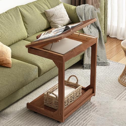 C-Shaped End Table with Wheels, 2 Tier Wooden Side Table for Couch TV Tray Reading Table with Storage Adjustable Desktop for Living Room Bedroom (Walnut) - color: Walnut, size: 40cm