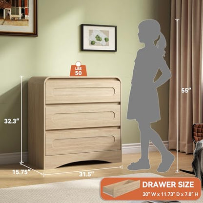 32" Large Nightstand, 3 Drawer Nightstand with Spacious Drawers | Pre-Installed Slides, Wood Bedside Table, Modern End Table, Curved Night stand for Bedroom Sofa Couch Office, Natural Oak - color: Natural Oak, size: 3 Drawer