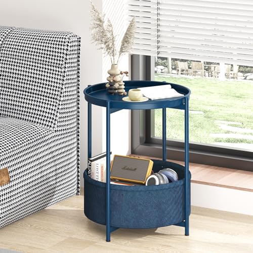 Garden 4 you Side Table with Fabric Storage Basket, Round Metal End Table, Small Bedside Table Nightstand with Removable Tray, for Nursery, Living Room, Bedroom, Bathroom, Blue - color: Blue