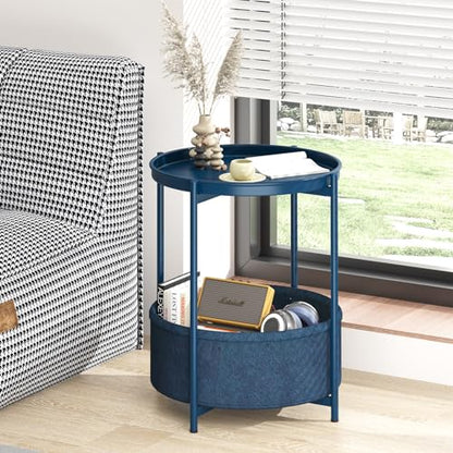 Garden 4 you Side Table with Fabric Storage Basket, Round Metal End Table, Small Bedside Table Nightstand with Removable Tray, for Nursery, Living Room, Bedroom, Bathroom, Blue - color: Blue