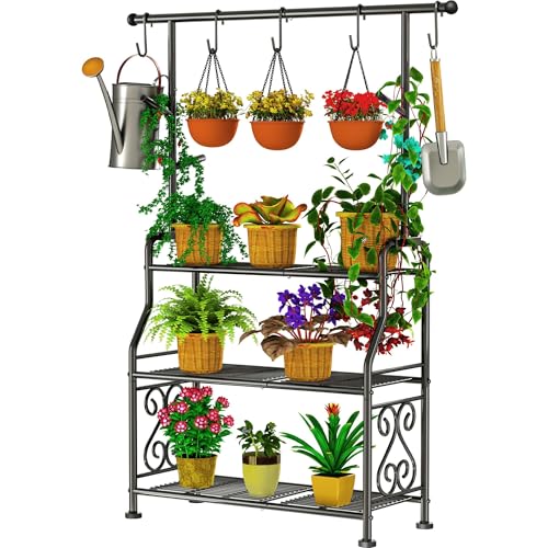 GIOTORENT Plant Stand Indoor, 3-Tier Heavy Duty Metal Shelf for Patio & Indoor, Tall Plant Holds 14+ Plants with 5 Hooks, Rust-Proof Plant Holder for Garden, Balcony, Living Room, Black - size: B-3Tier-Hanger