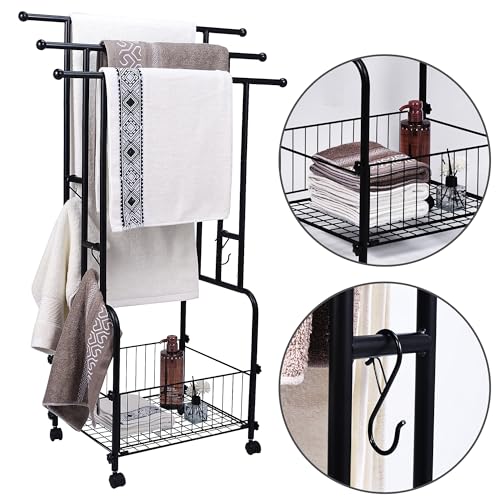 42" Tall Bathroom Towel Rack, Standing Towel Racks, 3 Tier Towel Holder with Storage Basket & 4 Hooks, Indoor Outdoor Freestanding Towel Racks with Anti-Skid Wheels, Pool Towel Blanket Stand