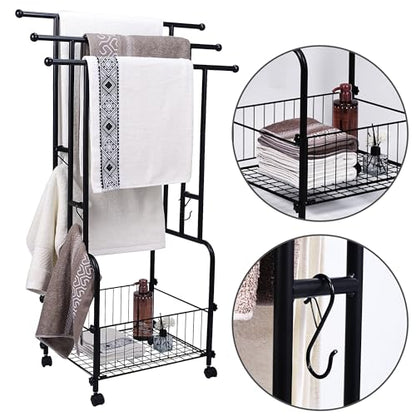 42" Tall Bathroom Towel Rack, Standing Towel Racks, 3 Tier Towel Holder with Storage Basket & 4 Hooks, Indoor Outdoor Freestanding Towel Racks with Anti-Skid Wheels, Pool Towel Blanket Stand